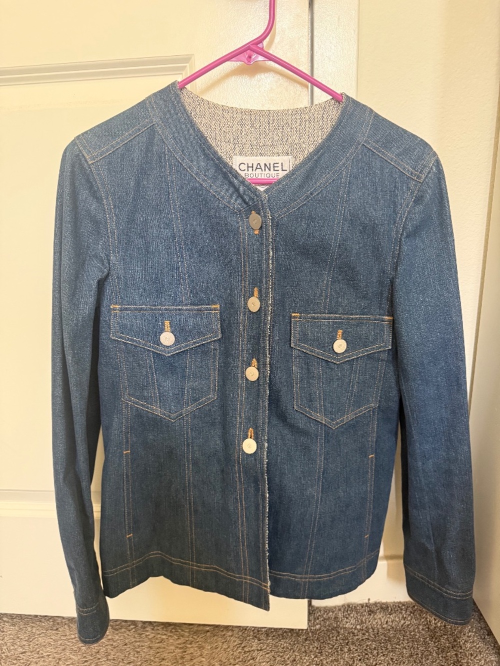 Chanel 1999 Cruise Collec No Collar Denim Jacket G-Jean in Indigo Blue Size 38EU